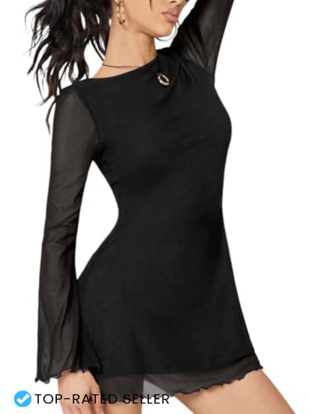 Women's Bell Sleeve Mini Dress Sheer Mesh Bodycon Party Club Dress